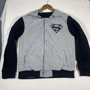 DC Comics Reversible Superman Batman Jacket Mens M Hooded Varsity Gray Black
